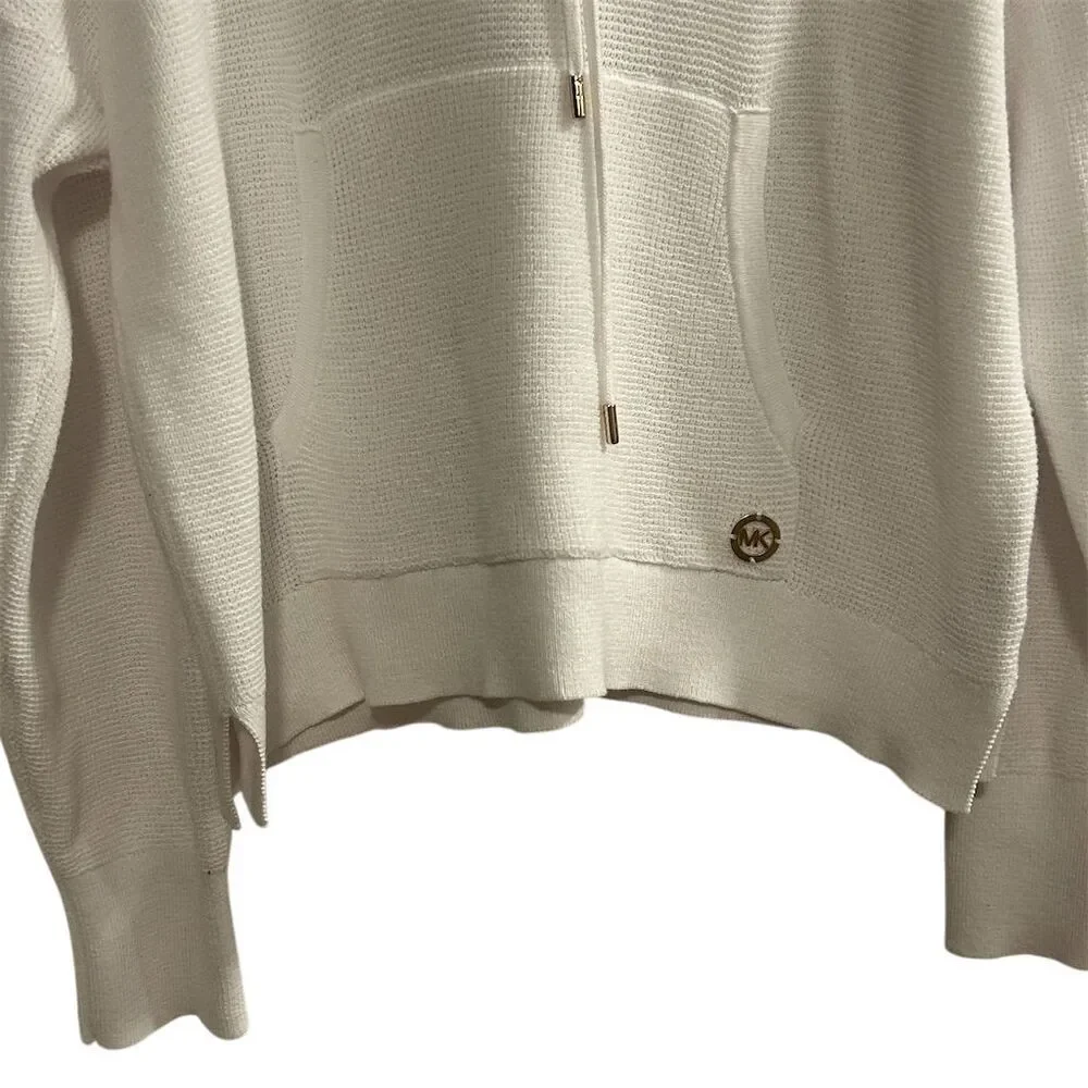 Michael Kors Women's White Ribbed Hoodie Sweater Size M‎ Pullover